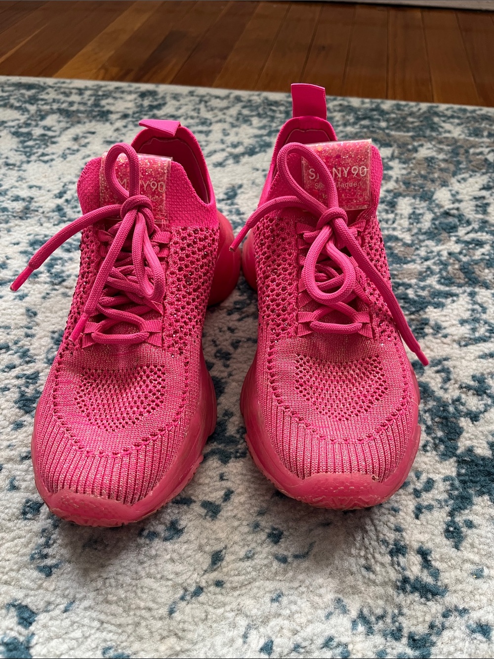 Kids Sparkly Hot Pink Knit Lace-Up Sneakers